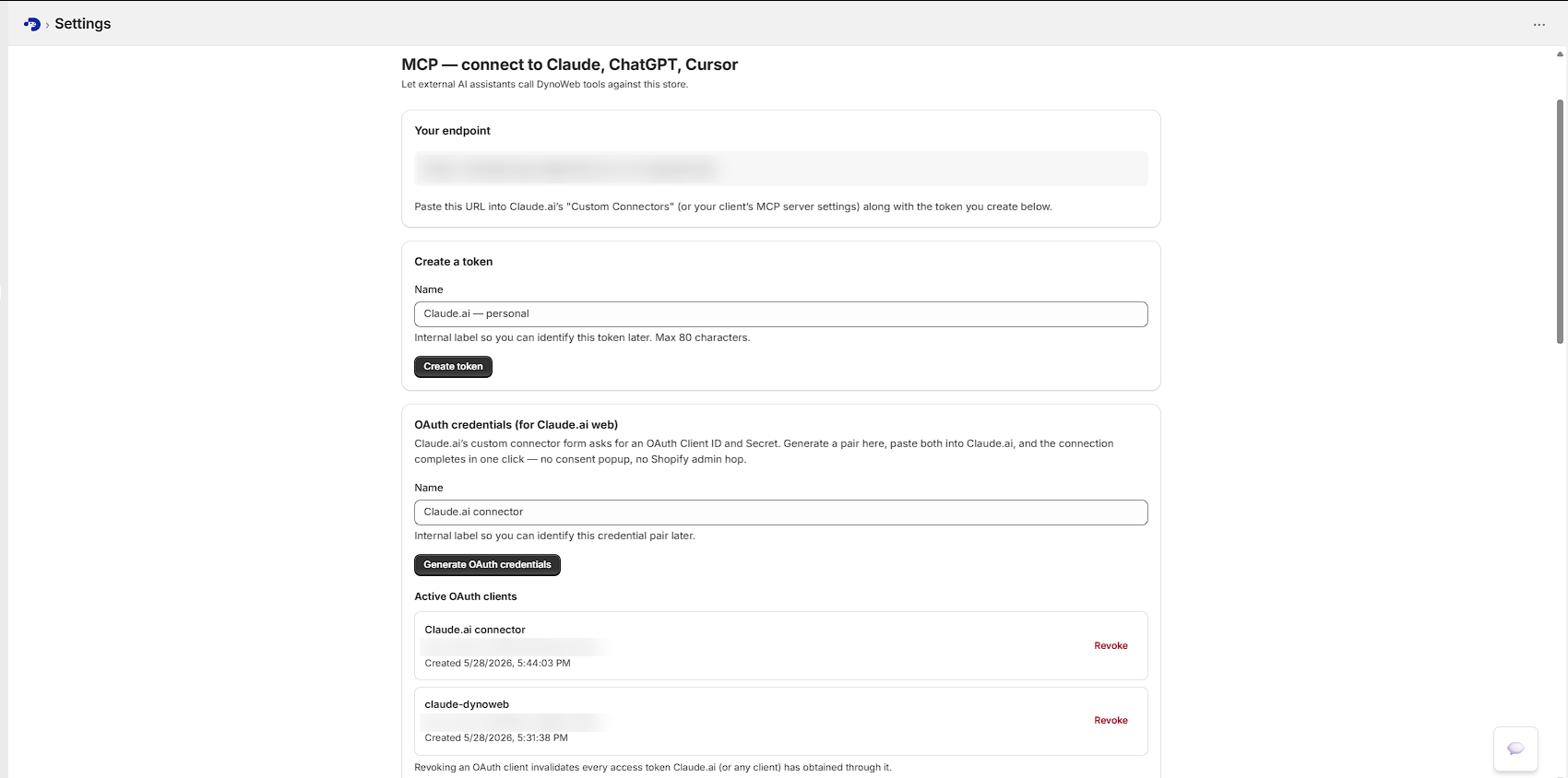 The DynoWeb MCP settings screen in the Shopify admin, showing the endpoint URL, the token creation form, the OAuth credential generator, and the list of active OAuth clients with revoke controls.